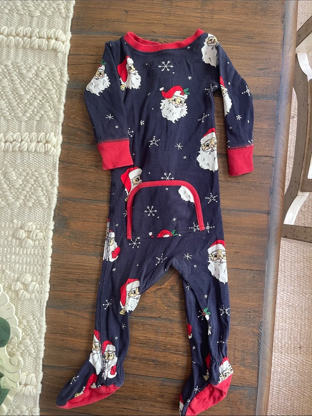 The Beaufort Bonnet Company Navy Santa Print Footed One-Piece with Red Trim